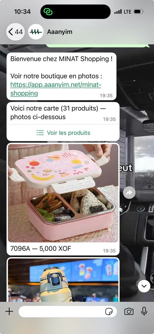 Commander sur WhatsApp depuis un telephone : le bot AAANYIM affiche le catalogue avec photos et prix